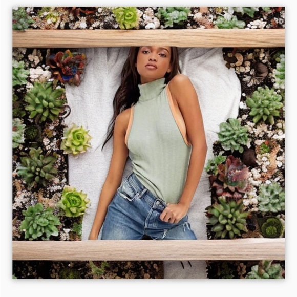 FreePeople Marley Sleeveless Ribbed Mock Top-Khaki Green-Orange -SzM-NWOT✌️​ - Picture 3 of 11